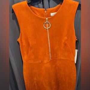 Calvin Klein Faux Suede Burnt Orange Dress with Zipper Detail